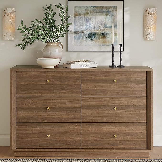 Mid Century Modern Dresser, 6 Drawer Dresser with Storage, 47" Wide Chest of Drawers with Wood Grain Texture, Drawers Organizer for Bedroom, Living Room, Hallway, Walnut