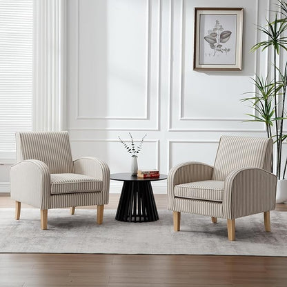 Striped Accent Chair for Living Room Set of 2, Farmhouse Linen Upholstered Striped Arm Chair Seat Reading Chairs Bedroom Side Seating for Home Office, Beige with Stripe