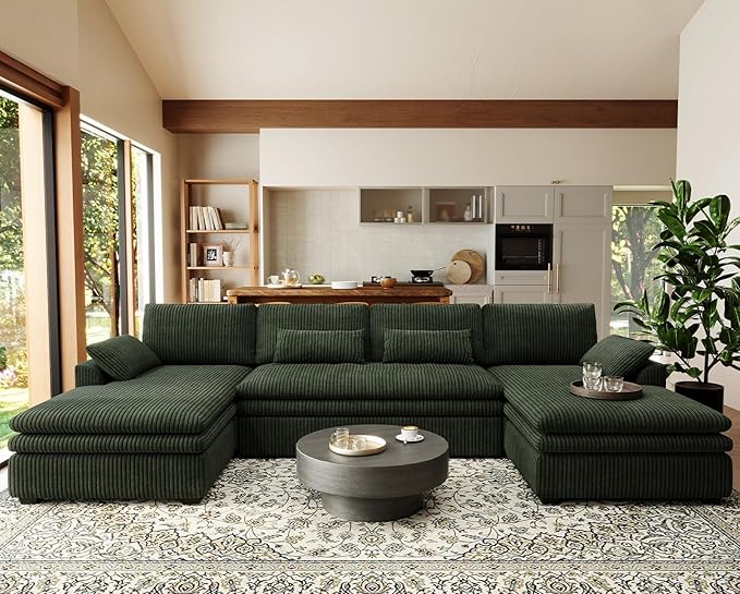 Belffin Large Modular Sectional Sofa with Double Deep Chaise, 135" Corduroy U Shaped Sectional Couch with 9" Soft Dual-Layer 6 Seats U Shaped Couch for Living Room, Apartment, Green