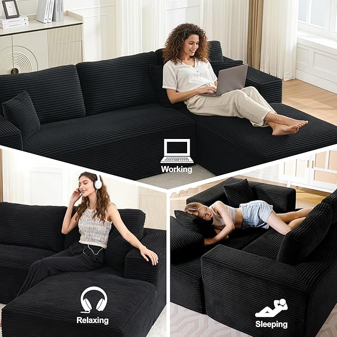 Cloud Modular Sectional Sofa Couch,L-Shape Modern Boneless Sectional Couch with Deep Seat,Upholstered Couches for Living Room Bedroom,No Assembly Required,Black