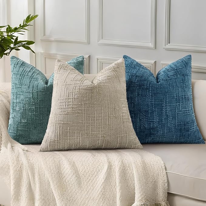 decorUhome Navy Blue Chenille Throw Pillow Covers 18x18 Set of 2 Thick Textured Slubby Couch Pillow Covers Farmhouse Accent Modern Neutral Decorative Pillow Cases for Bed Sofa Living Room