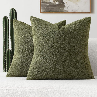 FUTEI Pack of 2 Moss Green Decorative Throw Pillow Covers 24x24 Inch Soft Cozy Solid Boucle Textured European Cushion Case,Modern Home Decor for Couch Bed Living Room