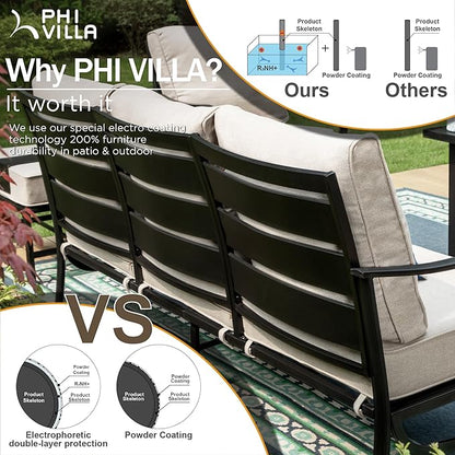PHI VILLA 4 PCS Patio Furniture with FirePit Table, Outdoor Furniture Set with 1 x 45 Inch Metal Fire Table, 1 x 3 Seater Cushioned Deep Seating Bench, 2 x Armrest Sofa Chairs