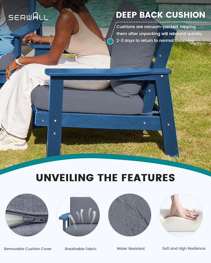 SERWALL HDPE Outdoor Couch, Blue Frame and Grey Cushion