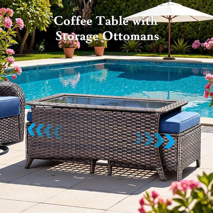 Belord Luxury 6" Thick Cushioned 7 Pieces Patio Furniture Set with Fire Pit Table, Wicker Outdoor Conversation Set with High Back Swivel Rocker Chairs for Deck Porch Yard and Poolside - Brown+Blue