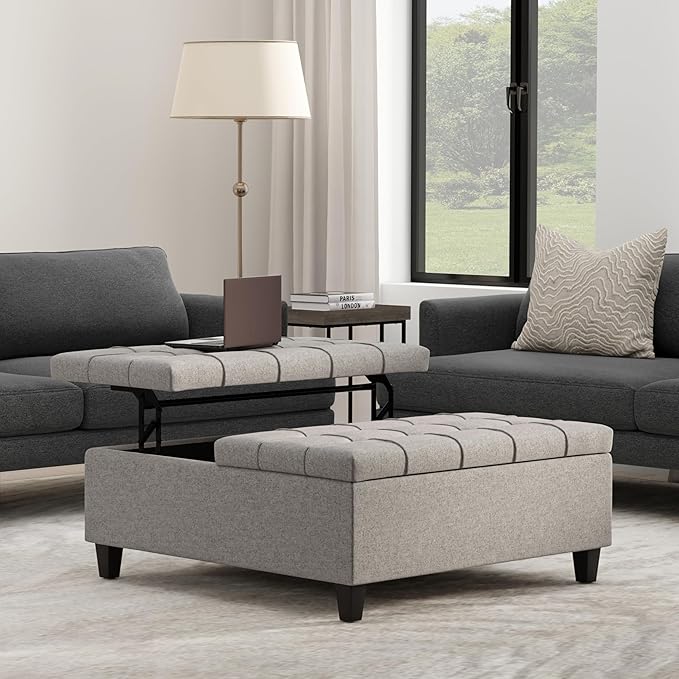 SIMPLIHOME Harrison 40 inch Wide Transitional Square Large Coffee Table Storage Ottoman in Cloud Grey , Assembled, For the Living Room and Bedroom