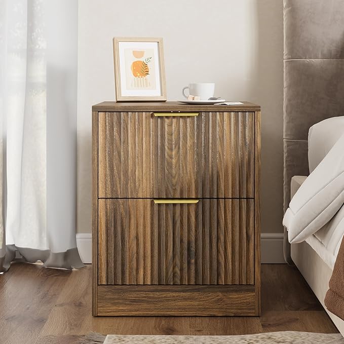 3-Piece Modern Bedroom Furniture Set, Wide 9-Drawer Dresser & 2-Drawer Nightstands Set of 2, Natural Wood Dresser and Nightstand Sets for Bedroom, Hallway, Walnut