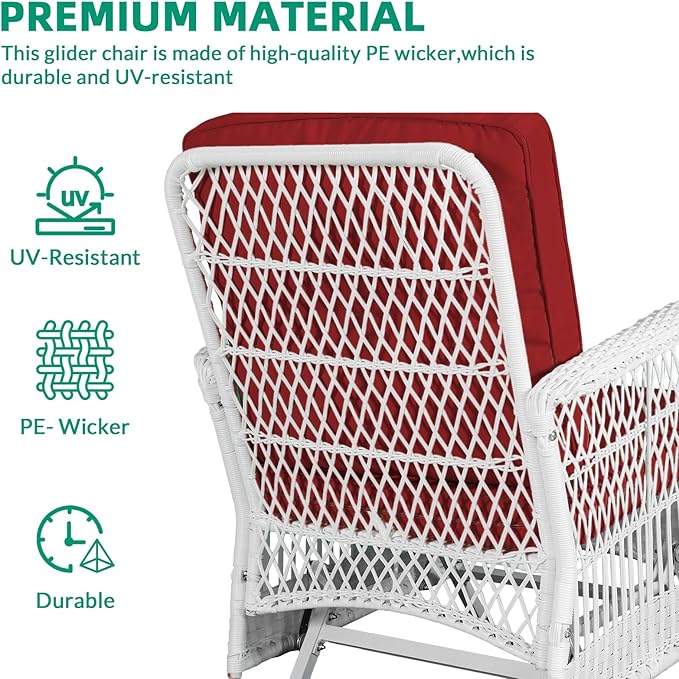 VIVIJASON 2-Piece Outdoor White Wicker Glider Rocking Chair, Patio Rattan Swing Glider Chairs with Cushions & Steel Frame, All-Weather Gliding Lawn Wicker Furniture for Garden Backyard, Red