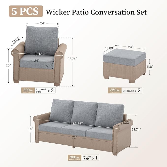 Patio Furniture Set 5 pcs, Wicker Rattan Outdoor Furniture with 5.5” Thick Cushions, 3-Seat Sofa, 2 Chairs and 2 Ottomans, Outdoor Conversation Set for Garden Backyard Deck, 7 Seats Grey