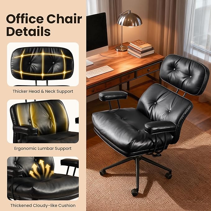 Home Office Desk Chair, Mid-Century Modern Office Chair with Adjustable Lumbar Support, Thickened Cushion Executive Desk Chair with 360 Rolling Swivel for Meeting Game Study Room(Black)