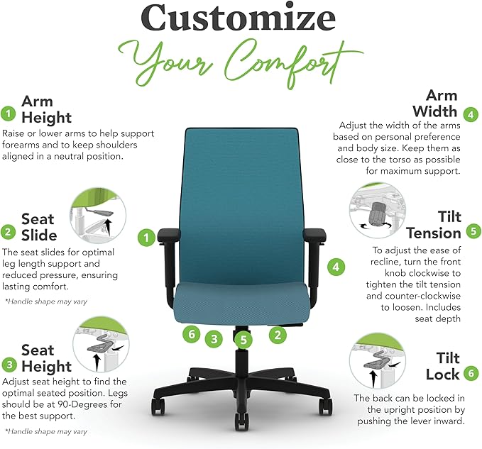 HON Ignition 2.0 Mid Back Task Chair, Spectrum Mesh, Standard Synchro-Tilt Control, Office Chair with Lumbar Support, Height and Width Adjustable Arms, Black Frame, Sky