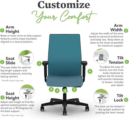 HON Ignition 2.0 Mid Back Task Chair, Spectrum Mesh, Standard Synchro-Tilt Control, Office Chair with Lumbar Support, Height and Width Adjustable Arms, Black Frame, Sky