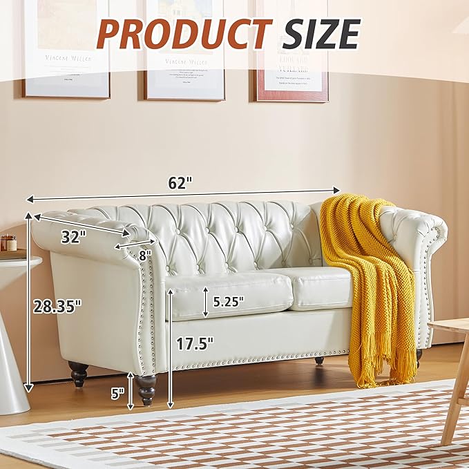 Chesterfield Loveseat Sofa, Modern Leather Small Sofa Couch 2 Seater with Rolled Arms and Nailhead, Mid Century Modern Loveseat Couch for Small Spaces Living Room Bedroom Apartment, White
