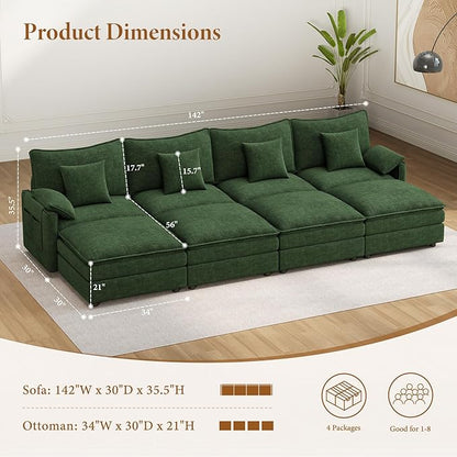 Vesgantti 142" Oversized Sectional Sofa Bed, 8-Seater Modular Sleeper Cloud Couch with Movable Ottoman, Chenille Convertible Sofa Set Deep Seat Couches for Living Room, Bedroom and Apartment, Green
