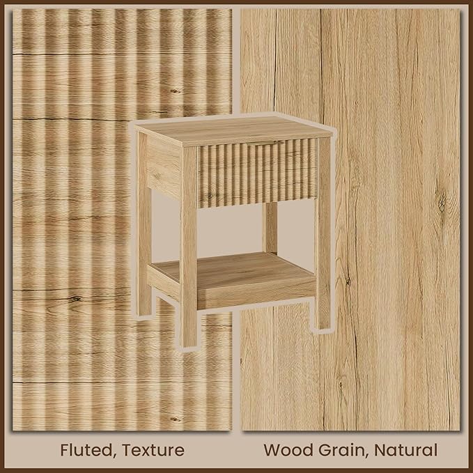 Fluted Night Stand with Golden Handle,Set of 2 Mid-Century Nightstands with Drawer, Bedside Table with Storage Shelf,Large End Tables for Livingroom,Bed Side Tables for Bedroom, Natrual Oak
