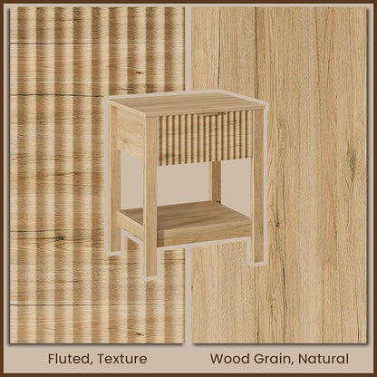 Fluted Night Stand with Golden Handle,Set of 2 Mid-Century Nightstands with Drawer, Bedside Table with Storage Shelf,Large End Tables for Livingroom,Bed Side Tables for Bedroom, Natrual Oak