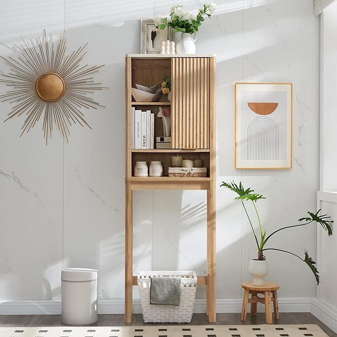 RedLemon Over The Toilet Storage Cabinet with Fluted Sliding Door, 68" Tall Wood Space Saver w/Faux Marble Top & Adjustable Shelf, Curved Profile Rack Organizer for Bathroom, Natural Oak Color