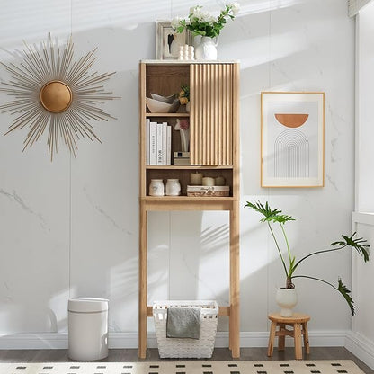 RedLemon Over The Toilet Storage Cabinet with Fluted Sliding Door, 68" Tall Wood Space Saver w/Faux Marble Top & Adjustable Shelf, Curved Profile Rack Organizer for Bathroom, Natural Oak Color
