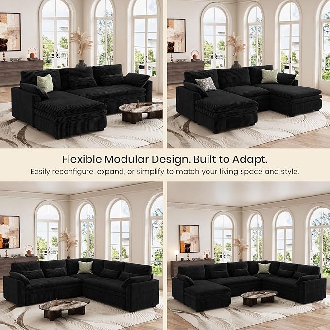 Belffin Large Modular Sectional Sofa with Double Deep Chaise, 135" Corduroy U Shaped Sectional Couch with 9" Soft Dual-Layer 6 Seats U Shaped Couch for Living Room, Apartment, Black