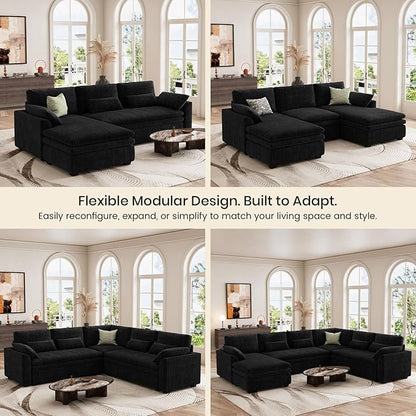 Belffin Large Modular Sectional Sofa with Double Deep Chaise, 135" Corduroy U Shaped Sectional Couch with 9" Soft Dual-Layer 6 Seats U Shaped Couch for Living Room, Apartment, Black