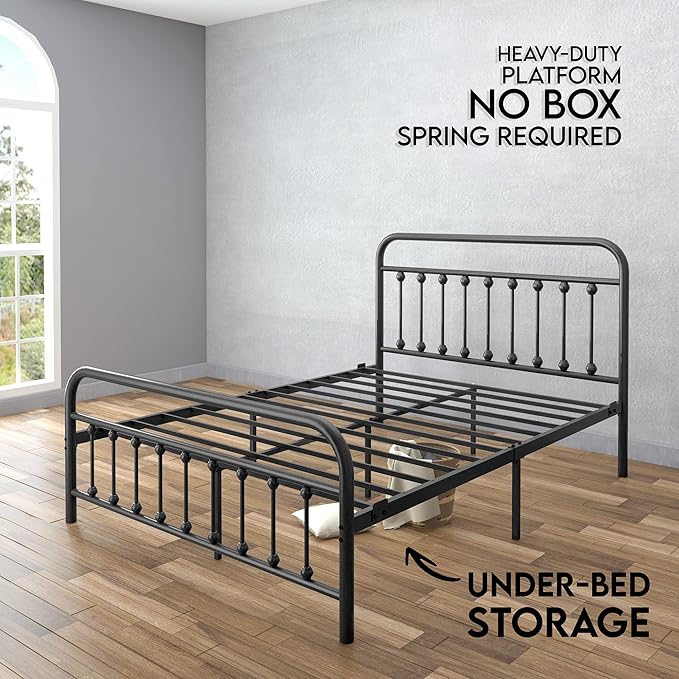 Golden Gate Beds Vintage Style Metal Bed Frame with Wrought Iron Headboard and Footboard, Classic Platform Bedframe with Storage, No Box Spring Needed, Mattress Foundation, Black, Full Size