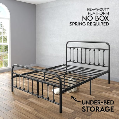 Golden Gate Beds Vintage Style Metal Bed Frame with Wrought Iron Headboard and Footboard, Classic Platform Bedframe with Storage, No Box Spring Needed, Mattress Foundation, Black, Queen Size