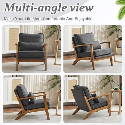 VINGLI Solid Wood Wide Armrests Accent Chair Set of 2,Upholstered Mid Century Modern Chair with Pillow,Farmhouse Arm Chair Comfy Reading Chair,Chairs Living Room,Bedroom,Guest Room,Linen Fabric,Grey