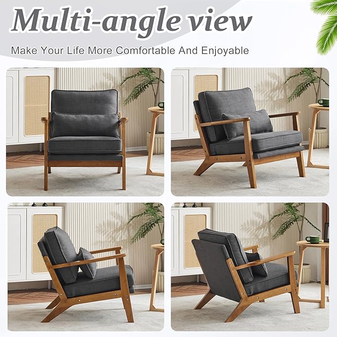 VINGLI Solid Wood Wide Armrests Accent Chair,Upholstered Mid Century Modern Chair with Pillow,Comfy Reading Chair Farmhouse Arm Chair,Chairs Living Room,Bedroom,Guest Room,Linen Fabric,Dark Grey