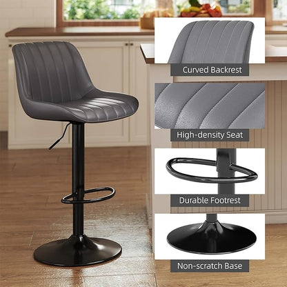 Youhauchair Bar Stools Set of 2, Swivel Counter Height Barstools with Back, Adjustable PU Leather Bar Chairs, Modern Armless Kitchen Island Stool, Dark Grey
