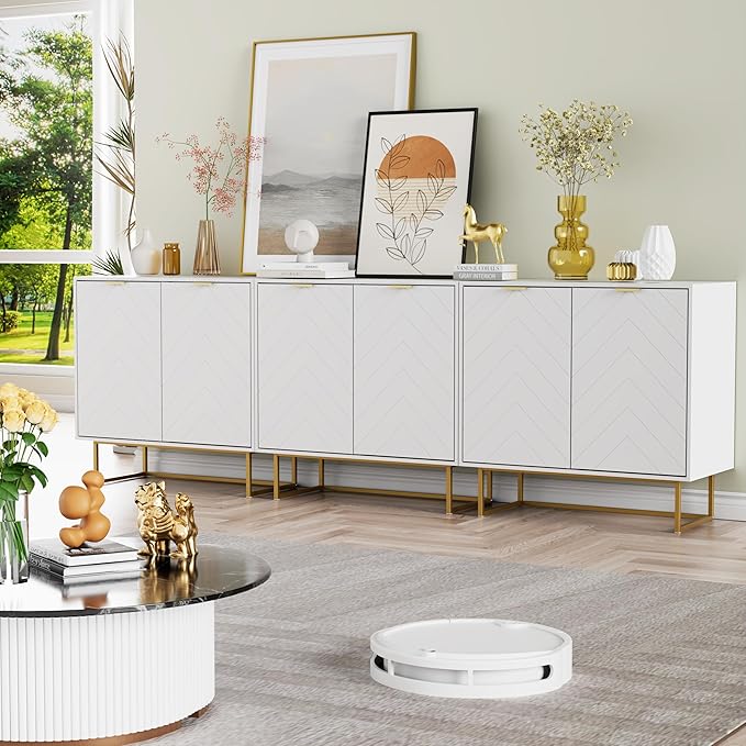 Scurrty 94.5" Large Sideboard Buffet, Storage Cabinet with Golden Legs, Black Sideboard Storage Cabinet with 6 Doors and Adjustable Shelf, Accent Cabinet for Living Room, Kitchen,White