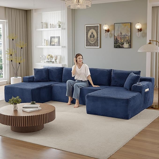134''Oversized Modular Sectional Sofa Boneless Cloud Couch with Chaise Comfy Sectional Couches for Living Room,Bedroom,Apartment (Blue, 134''W U-Shaped)