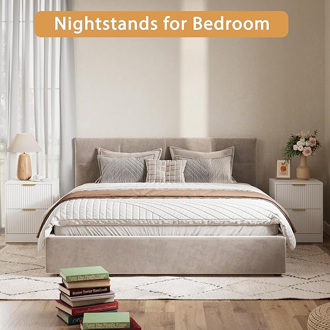 3-Piece Modern Bedroom Furniture Set, Wide 7-Drawer Dresser & 2-Drawer Nightstands Set of 2, Natural Wood Dresser and Nightstand Sets for Bedroom, Hallway, White