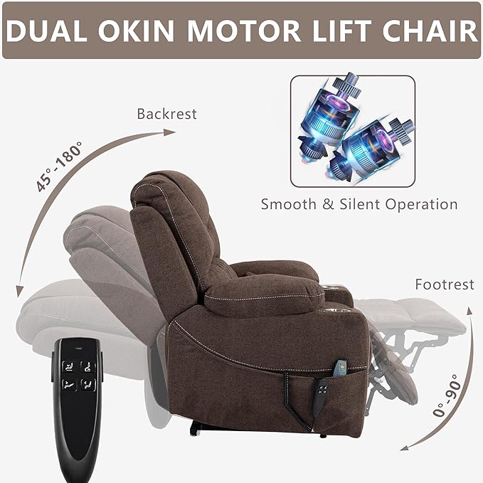Large Power Lift Recliner Chair Sofa with Massage and Heat for Big and Tall Elderly,Infinite Positions,Dual Motor,Cup Holders,Extended Footrest,Velvet Home Theater Seat