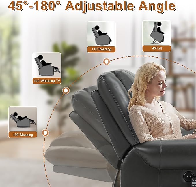 Luxlen Power Lift Recliner Chair for Elderly, Dual Motor Massage Recliner with Lumbar Heat, Heavy Duty Motion Mechanism Lift Chair with Charge Ports, Faux Leather - Gray