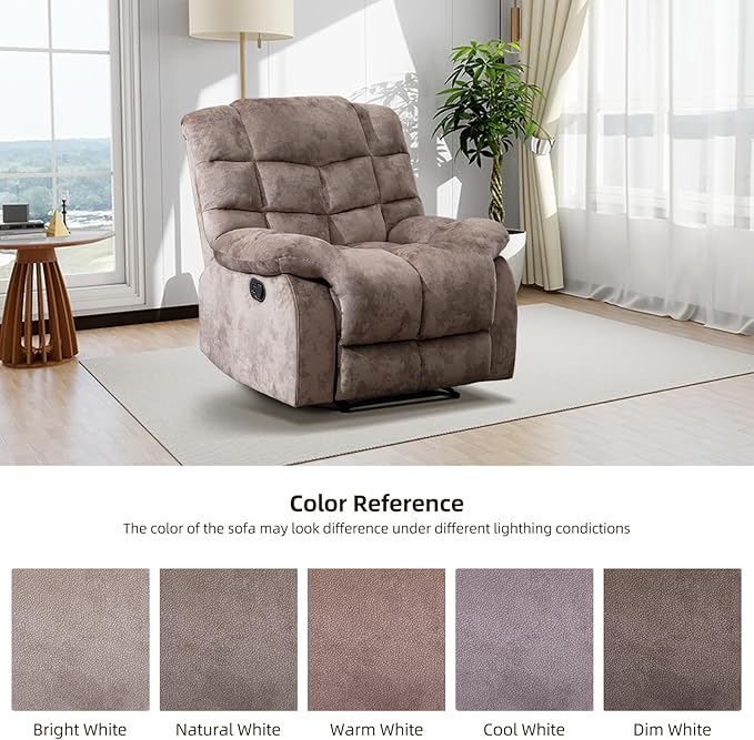 EBELLO Manual Recliner Chair, Overstuffed Reclining Sofa with Soft Padded Headrest and Armrest, Soft Fabric Single Couch for Living Room, Light Brown