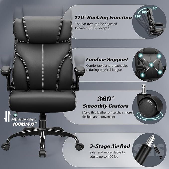 Office Chair, Ergonomic Big and Tall Computer Desk Chairs, Executive Breathable Leather Chair with Adjustable Flip-up Armrests, Lumbar Support Swivel PC Chair with Rocking Function
