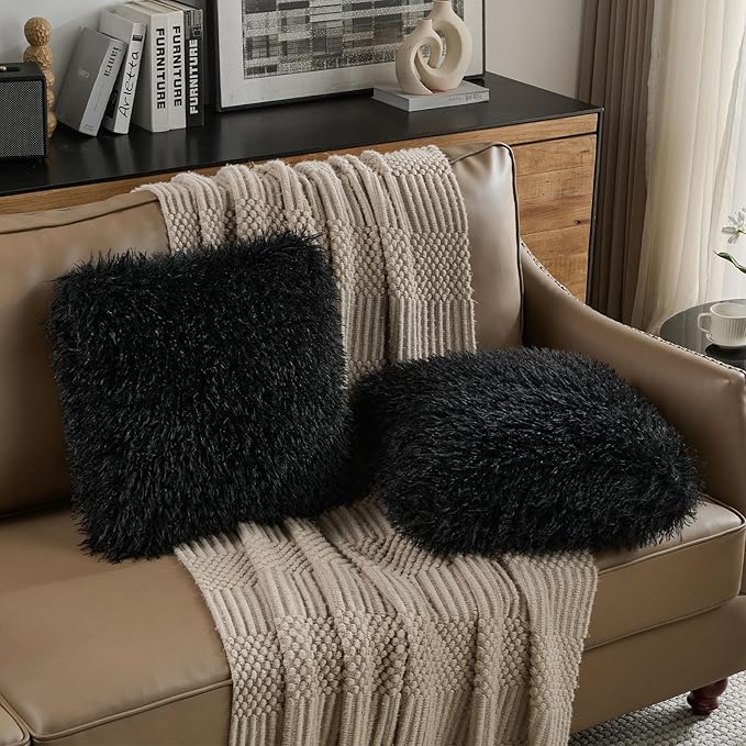 FUTEI Black Decorative Throw Pillow Covers 18x18 Inch Set of 2,Soft Cozy Faux Fine Wool Textured Cushion Case,Modern Home Luxury Decor for Couch Bed Living Room