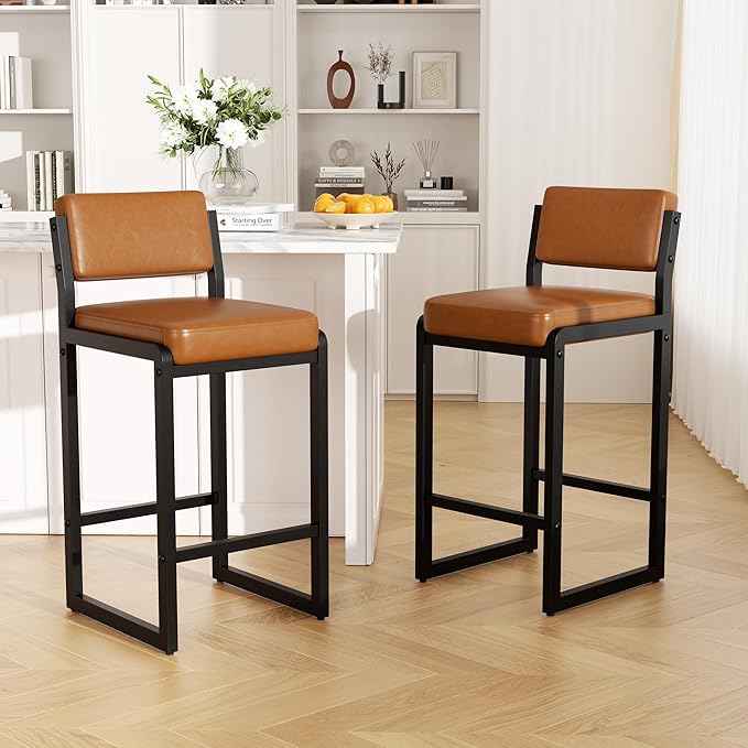 Bar Stools Set of 6, Faux Leather Counter Height Bar Stools with High Back and Metal Legs, Upholstered Bar Chairs, 26" Modern Barstools for Kitchen Island, Caramel