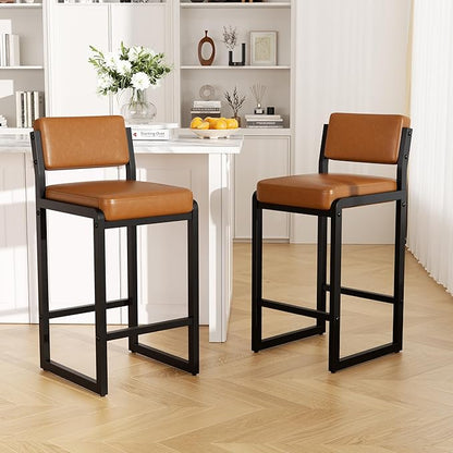 Bar Stools Set of 5, Faux Leather Counter Height Bar Stools with High Back and Metal Legs, Upholstered Bar Chairs, 26" Modern Barstools for Kitchen Island, Caramel