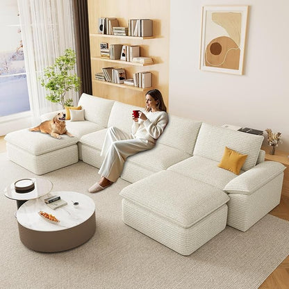 141.74" Sectional Couches for Living Room Modern Modular Sofa with U-Shape Couchs Upholstered Corduroy Boneless Couch Deep Seat Cloud Couch with Ottoman, No Assembly Required, White