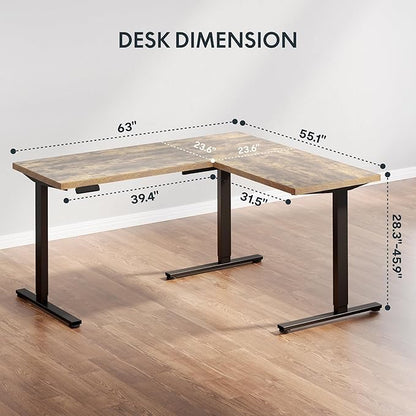SANODESK L Shaped Standing Desk Adjustable Height, Electric Corner Standing Desk, 63 x 55 inch Sit Stand Computer Table with Splice Board, Rustic Brown
