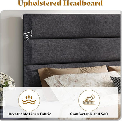 AMERLIFE Full Size Bed Frame with Linen Upholstered Headboard, Modern Platform Bed with Wooden Slats Support, Noise-Free, No Box Spring Needed, Easy Assembly, Grey