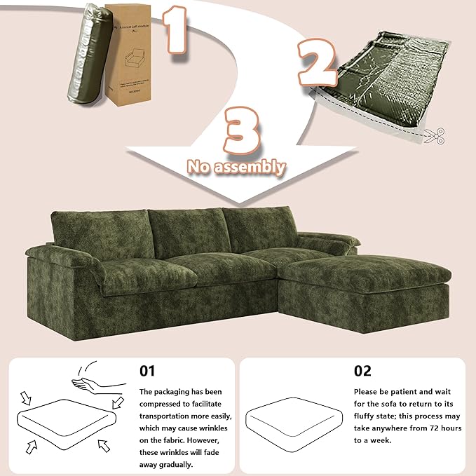 EASE MOOSE Oversized Boneless Couch for Living Room, Sectional Cloud Sofa, Modular Cloud Couch, 3-Seater Deep Seat Sofas with Pillow for Bedroom, Apartment, No Assembly Required, Chenille (Green)