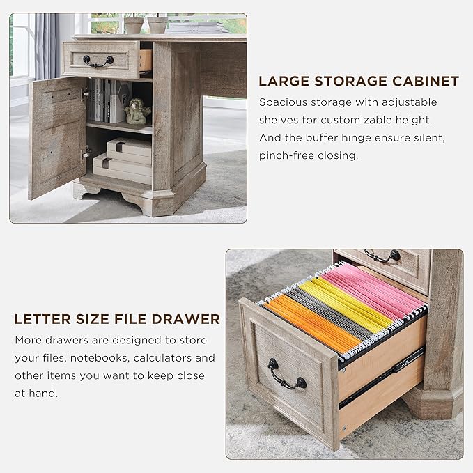 T4TREAM L Shaped Desk with Drawers,59" Farmhouse Wood Home Office Executive Desk,Charging Station,File Drawer, Storage Cabinet,Computer Desk for Work and Study (Light Rustic Oak)