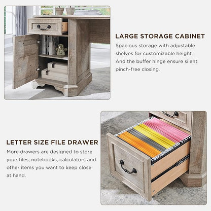 T4TREAM L Shaped Desk with Drawers,59" Farmhouse Wood Home Office Executive Desk,Charging Station,File Drawer, Storage Cabinet,Computer Desk for Work and Study (Light Rustic Oak)