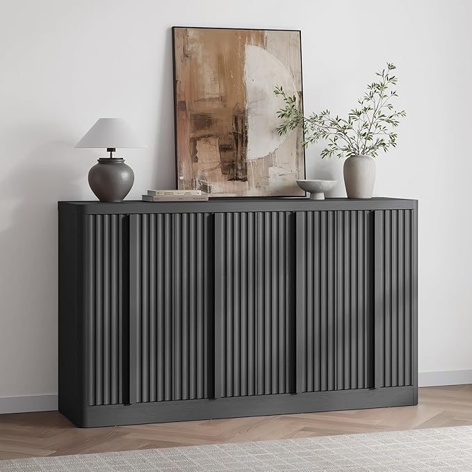 Buffet Cabinet with Storage, 60" Sideboard Buffet Cabinet with 4 Door, Modern Credenza Storage Cabinets with Adjustable Shelves, Solid Wood Handles for Kitchen, Dining, Living Room, Black