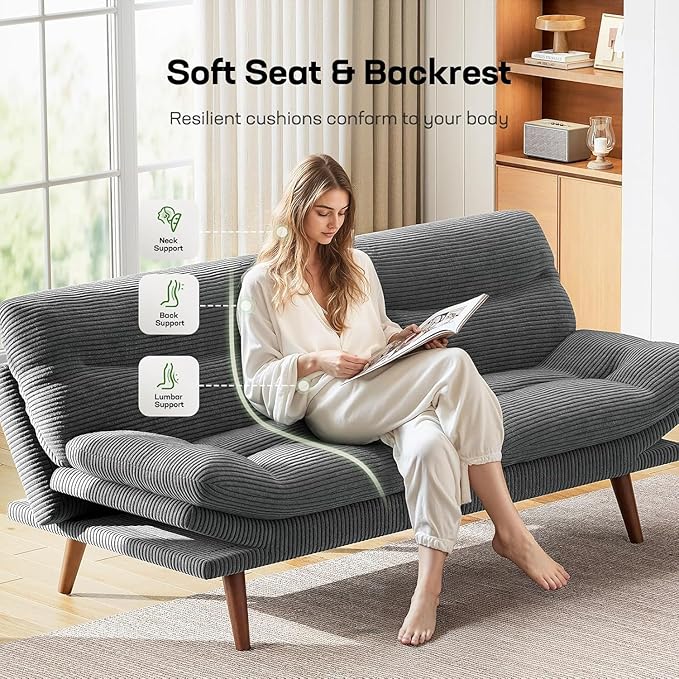 Marsail 75" Futon Sofa Bed, Futon Couch with Adjustable Backrest & Armrests, Convertible Sleeper Sofa Bed for Apartment, Living Room, Office, Corduroy Loveseat, Dark Grey