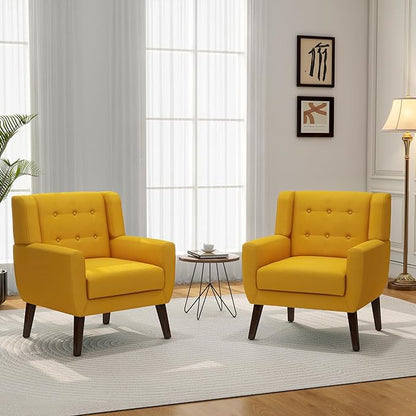 Accent Chair, Mid-Century Modern Fabric Chairs with Arms for Living Room, Comfy Upholstered Club Single Sofa Armchair for Bedroom Waiting Room with Solid Wood Frame (Fabric Yellow, Set of 1)