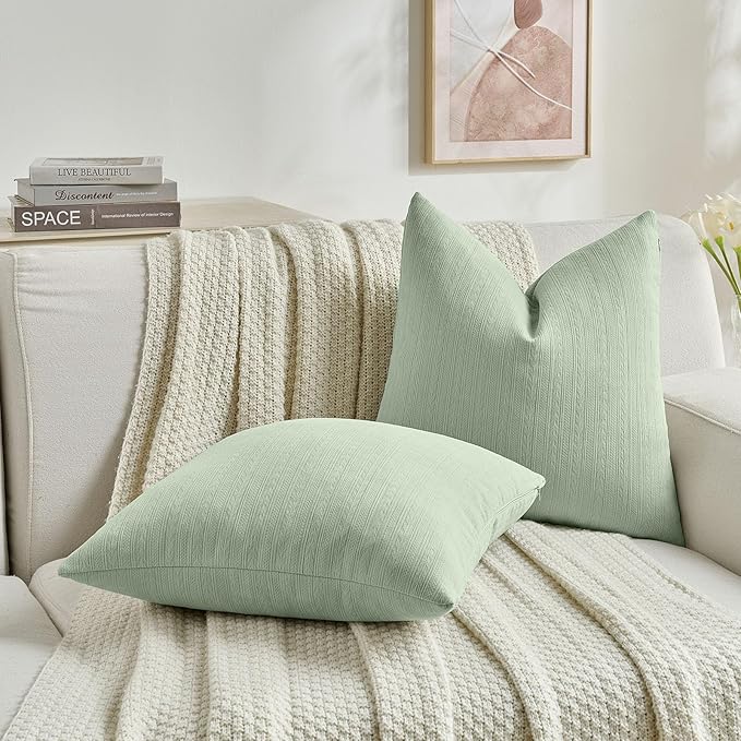 FUTEI Sage Green Decorative Throw Pillow Covers 12x20 Inch Set of 2,Soft Cozy Wheat Ear Striped Patterns Lumbar Pillow Cases,Modern Home Decor for Couch Bed Living Room