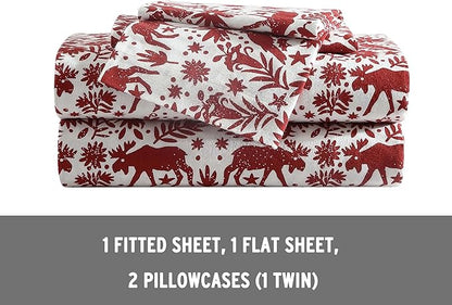 Eddie Bauer 4 Pc Flannel Sheets Full Size - 100% Cotton Breathable & Soft Full Size Bed Sheets Set (1 Flat, 1 Flannel Fitted Sheet, 2 Pillowcases) - 15" Deep Pocket All Seasons Sheet Set (Arcadia Red)
